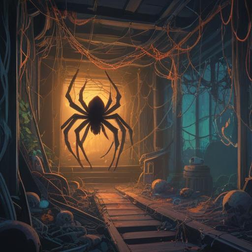A mysterious and haunting scene featuring a spider weaving its intricate web, surrounded by shadowy figures representing death, ethereal light illuminating the web, dark forest background, subtle spiritual symbols hidden among the trees, a sense of foreboding yet captivating atmosphere, detailed textures on the spider and web, eerie color palette, 4k