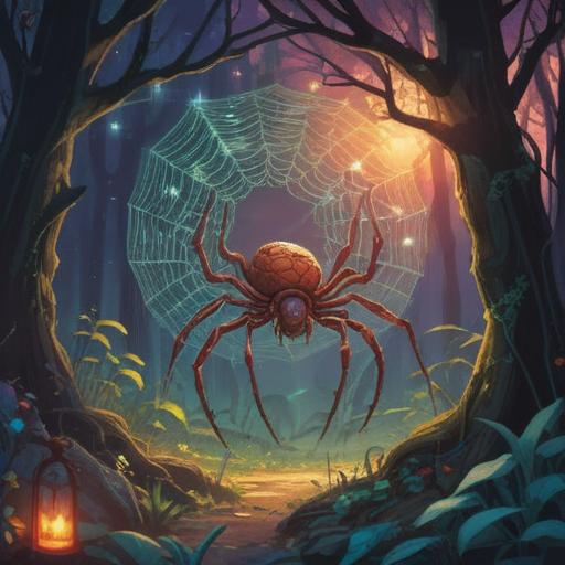 A spiritual lucky charm inspired by spiders, intricate web patterns, glowing aura, nature elements surrounding the charm, delicate details, serene atmosphere, soft light shining through, symbolizing protection and good fortune, vibrant colors, 4k