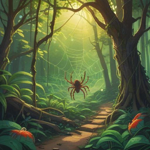 A captivating illustration depicting a wise spider weaving a intricate web, lush greenery surrounding the scene, soft sunlight filtering through leaves, showcasing the beauty of connections and new possibilities, symbolic of growth and creativity, vibrant colors, enchanting atmosphere, 4k