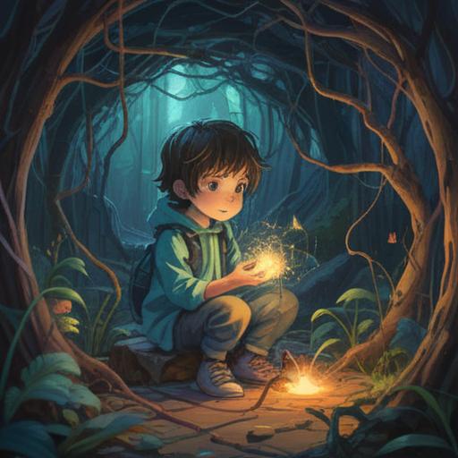 A mystical scene depicting a child gently interacting with a spider, ethereal light surrounding them, symbolic connection between innocence and transformation, intricate web patterns in the background, serene environment suggesting harmony and protection, inviting sense of wonder and curiosity, 4k