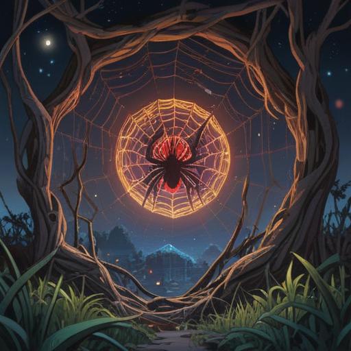 A mystical spider weaving its web under the moonlight, surrounded by glowing orbs representing positive spiritual signs, intricate patterns in the web symbolizing interconnectedness, a serene forest backdrop with gentle light filtering through the trees, vibrant colors, enchanting atmosphere, spiritual energy emanating from the spider, 4k