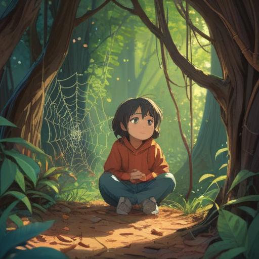 A serene scene of a child gently observing a spider weaving its web, spiritual symbolism in nature, soft sunlight filtering through trees, depicting a sense of curiosity and caution, intricate web details glistening with dew, a calm and reflective atmosphere, symbolic connection between child and spider, visual representation of spiritual signs, conveying respect for nature, engaging in a moment of wonder and learning, 4k