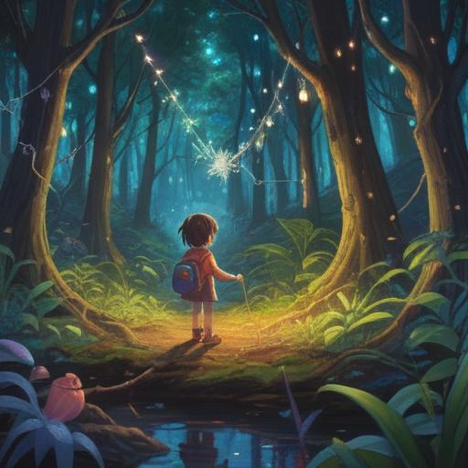 A whimsical illustration of a child discovering a magical spider in a vibrant forest, surrounded by sparkling lights and good luck charms, the child looks amazed and joyful, colorful flowers and enchanted trees in the background, a sense of wonder and happiness, 4k