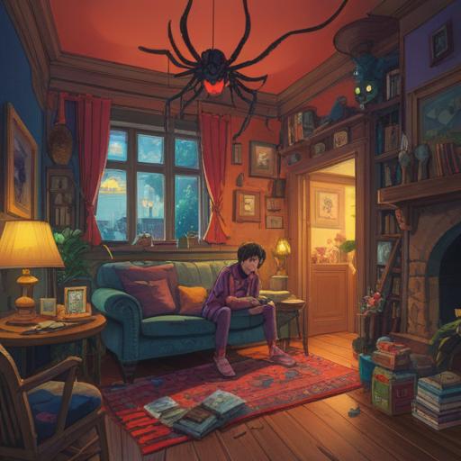 A whimsical illustration of a person discovering a spider in their home, vibrant colors, warm lighting, cozy interior setting, the spider glimmers with magical aura, symbols of luck and fortune around, inviting atmosphere, intricate details of the surroundings, storytelling elements, 4k