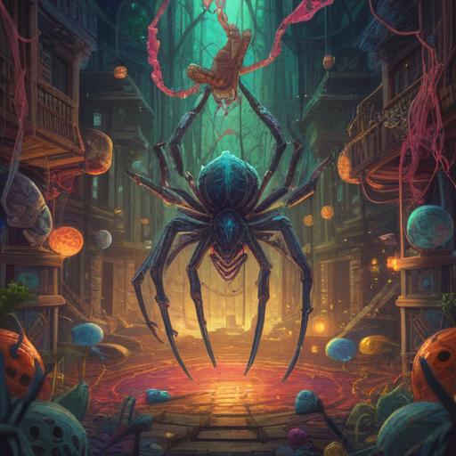 A spiritual representation of a spider intertwined with psychedelic elements, vibrant colors swirling around, intricate webs representing consciousness, ethereal lighting illuminating the scene, a figure meditating amid the chaos, mystical symbols embedded in the background, surreal atmosphere, evocative imagery of transformation and introspection, 4k