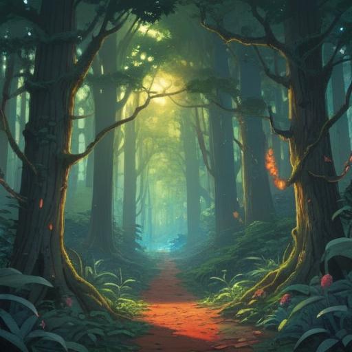 A serene forest scene, gentle sunlight filtering through the trees, a mystical atmosphere, a spider descending from a web, symbols of spirituality illuminated in the background, soft glowing orbs representing good signs, calming colors, inviting nature, harmonious balance, 4k