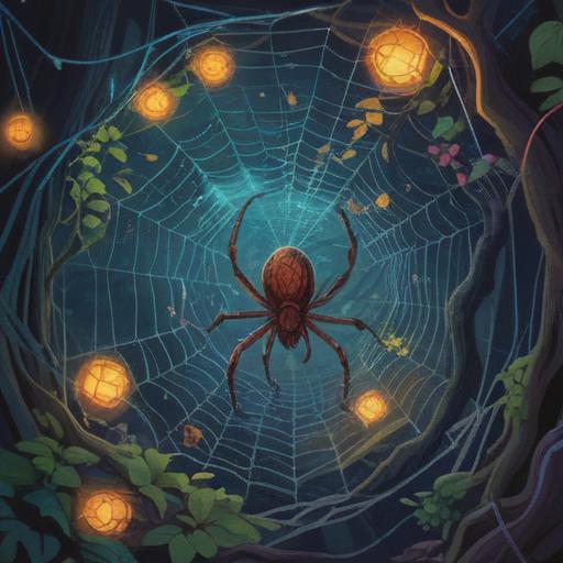 A mystical scene featuring a spider weaving an intricate web, vibrant hallucinations swirling around, symbolic messages hidden within the web, enchanting atmosphere with ethereal colors, a lucky charm glowing softly nearby, whimsical details and dreamlike elements, capturing the essence of luck and insight, 4k