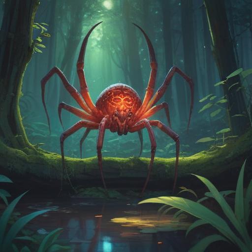 A mystical and ethereal scene, a giant spider slowly approaching a serene figure meditating in a lush forest, soft beams of light penetrating through the trees, delicate spider silk glistening, vibrant colors of nature surrounding the figure, a feeling of transformation and spiritual awareness, deep connection to nature, 4k