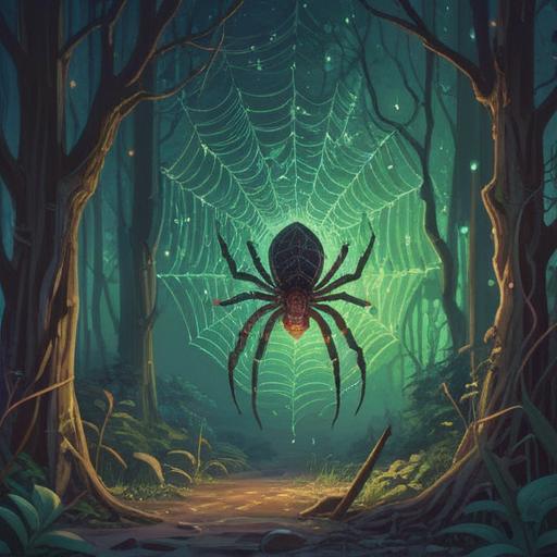 A mystical illustration depicting a spider approaching, intricate web patterns, ethereal glow, symbolic elements representing intuition, a sense of caution in the atmosphere, subtle hints of spiritual awareness, natural surroundings, detailed textures, vibrant colors, 4k