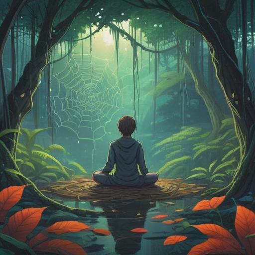 A serene scene depicting a person meditating in a tranquil forest, intricate spider webs glistening with morning dew, embodying the concept of fortune brought by spiders, soft sunlight filtering through the trees, peaceful ambiance, symbolic elements of luck and nature, harmony with the environment, 4k