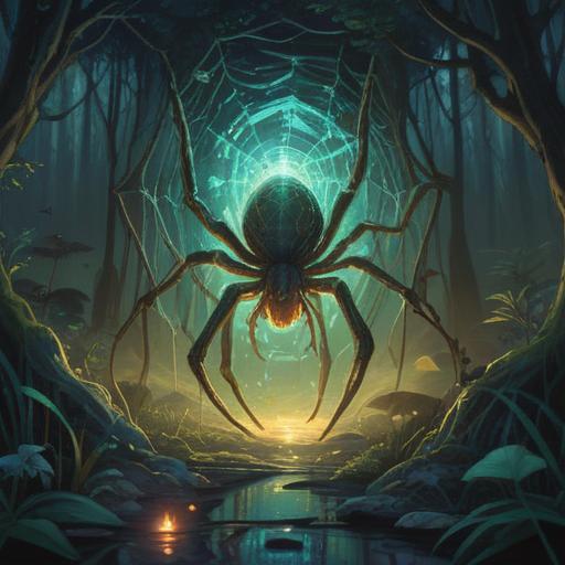 A captivating illustration of a mystical scene, a spider approaching a glowing light, symbolizing spiritual awakening, surrounded by ethereal elements like glowing orbs and soft mist, vibrant colors, intricate details in the spider's form, serene background with lush greenery, conveying a sense of curiosity and connection to the spiritual realm, 4k