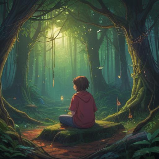 A mystical scene of a person sitting peacefully in a forest clearing, surrounded by gentle light, intricate spider webs weaving around them, symbolizing spiritual connection, serene expressions, nature's beauty, ethereal atmosphere, soft focus, vibrant colors, 4k