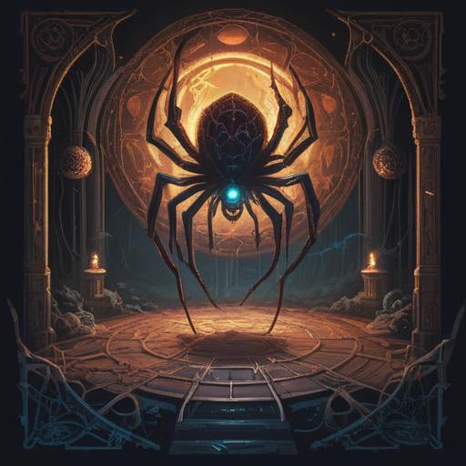 A mysterious scene depicting a spider emerging from shadows, surrounded by symbols of intuition and awareness, glowing orbs representing spiritual signs, a dark forest setting with ethereal light filtering through trees, detailed textures on the spider's web, calming color palette, subtle hints of ancient wisdom, 4k