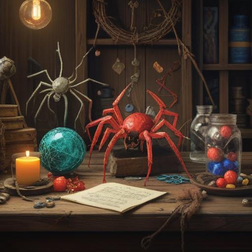A whimsical scene depicting a collection of lucky items attracting curious spiders, vibrant and colorful trinkets scattered on a rustic wooden table, soft light filtering through a window, intricate details on the lucky charms, enchanted atmosphere, playful spiderlings exploring the items, warm and inviting setting, 4k
