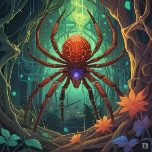 A striking illustration of a spider intertwined with symbols of fortune, intricate web patterns sparkling with golden light, a mystical aura surrounding the spider, delicate details showcasing the coexistence of luck and nature, vibrant colors that evoke a sense of harmony, enchanting atmosphere, 4k