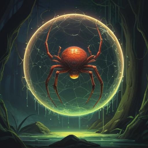 A spiritual and serene scene featuring a mystical spider gently approaching a glowing orb, surrounded by ethereal light, symbolizing good fortune and signs from the universe, lush green forest background with soft rays of sunlight filtering through the leaves, vibrant and harmonious color palette, detailed textures, enchanting atmosphere, 4k