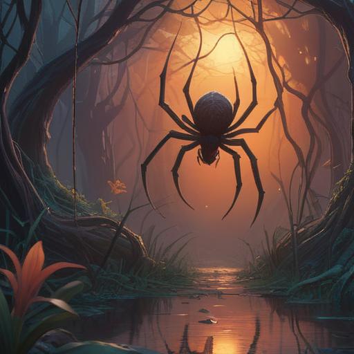 A mystical scene depicting a spider approaching, symbolic elements subtly integrated, soft ethereal glow, spiritual warning signs, intricate web patterns, nature elements surrounding, a sense of awareness and caution in the atmosphere, vibrant colors, 4k