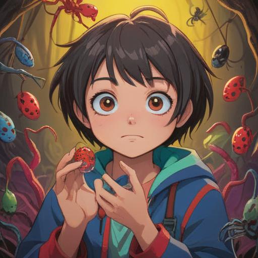 A young person holding a lucky charm, a small colorful amulet with a spider design, surrounded by playful cartoon spiders approaching, vibrant colors, whimsical atmosphere, cozy indoor setting, soft lighting, detailed textures, 4k