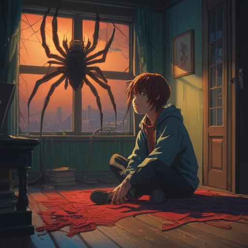 A reflective scene of anticipation, a person sitting alone in a dimly lit room, tense expression, gazing at a spider approaching, symbolizing fear and anxiety, the atmosphere filled with a palpable sense of unease, intricate details of the spider and surroundings, looming shadows, soft lighting, emotional depth, 4k