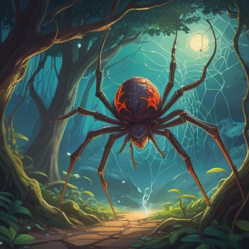A serene illustration depicting a pair of intertwined spiders, symbolizing spiritual connection, delicate web intricacies, ethereal light surrounding them, natural forest setting, lush greenery, tranquil atmosphere, harmony between creatures and nature, 4k
