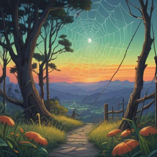 A serene nature scene depicting a pair of interwoven spider webs glistening with morning dew, symbolizing spiritual connection and positive omens, surrounded by lush greenery and gentle sunlight filtering through leaves, inviting atmosphere, detailed textures, harmonious composition, 4k