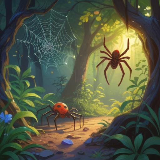 A serene nature setting, two spiders working together in harmony, intricate web design glistening in the sunlight, vibrant greenery surrounding them, showcasing teamwork and communication, gentle breeze, detailed close-up of spiders interacting, softly illuminated by golden hour light, vibrant and detailed composition.