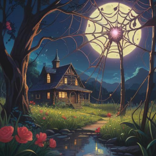 A mystical night scene featuring a spider weaving a shimmering web under a full moon, symbolic of love and connection, surrounded by glowing orbs of light, ethereal atmosphere, deep shadows and vibrant colors, conveying romance and spirituality, intricate details in the spider's design and the web, a blossoming flower nearby representing love, enchanting and dreamlike expression, 4k
