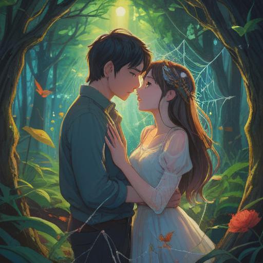 A mystical and spiritual scene depicting a couple in love surrounded by ethereal spider webs, soft light filtering through a forest, symbolic representations of love and connection, a gentle breeze rustling the webs, warm hues of pink and gold, an atmosphere of magic and harmony, detailed nature background, enchanting vibe, 4k