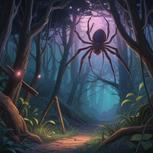 A mystical scene depicting a giant spider emerging at night, surrounded by a dark forest illuminated by soft moonlight, eerie atmosphere, spiritually charged elements like glowing symbols in the air, an ominous yet captivating presence, detailed textures on the spider’s body, rich natural foliage in the background, vivid contrasts, 4k