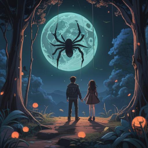 A mystical night scene featuring a couple under a full moon, a giant spider intricately designed in a web above them, glowing lucky items scattered around, soft shimmering lights, romantic atmosphere, deep blue sky, enchanting forest backdrop, 4k