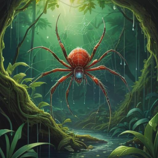 A mystical illustration of a spider surrounded by lush green foliage, symbolizing spiritual growth, intricate web designs glistening with dew, beams of sunlight filtering through the leaves, vibrant shades of green creating a serene atmosphere, elements of nature harmonizing with the spider's presence, tranquil and enchanting scene, 4k