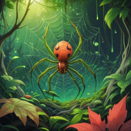 A vibrant green spider crawling on a mystical web, surrounded by lush greenery, soft sunlight filtering through leaves, a serene atmosphere, symbols of good fortune intertwined with the web, delicate details highlighting the spider's features, representing spiritual signs and awakening, enchanting nature, bright and harmonious colors, 4k