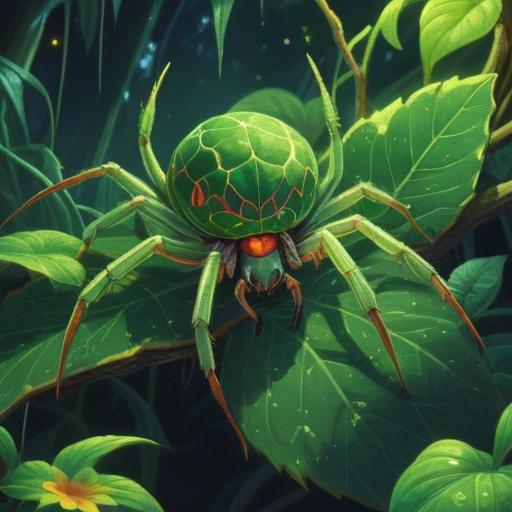 A vibrant illustration of a green spider resting on a leaf, surrounded by glowing spiritual symbols, mystical atmosphere, attention to detail in the spider's intricate patterns, gentle light filtering through the trees, serene nature setting, capturing the essence of spiritual awareness, 4k