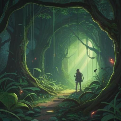 A vibrant scene depicting a person discovering a green spider, surrounded by lush greenery, a mystical aura, the spider symbolizing luck, sparkling lucky items scattered around, an enchanted forest setting, sunlight filtering through the leaves, intricate details on the spider and items, 4k