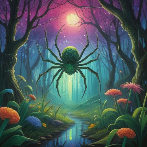 A green spider guiding the way, symbolizing future possibilities, a surreal landscape filled with vibrant colors, intricate details in the flora and fauna, a sense of wonder and exploration, mystical lighting, a dreamlike atmosphere, imaginative elements intertwined with nature, 4k