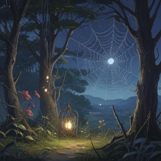 A mystical illustration of a spider web glistening in the moonlight, symbolizing spiritual connection and transformation, intricate details of the spider weaving its web, serene forest background, ethereal glow, representing balance and intuition, delicate threads connecting elements of nature, 4k