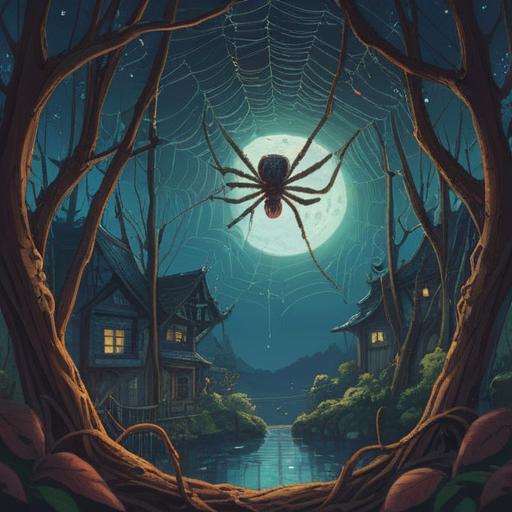 A mystical scene depicting a giant spider weaving a shimmering web under a moonlit sky, intricate patterns in the web symbolizing spiritual connections, soft ethereal glow surrounding the spider, tranquil forest in the background, hints of ancient symbols in the foliage, peaceful atmosphere, representing good omens and spiritual guidance, 4k