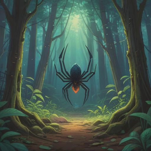 A mystical illustration depicting a spider in a serene forest setting, ethereal light filtering through the trees, an air of tranquility and mystery, symbolic representations of transformation and unseen challenges, vivid colors highlighting the spider's intricate web, spiritual symbols subtly integrated into the background, inviting reflection and contemplation, 4k