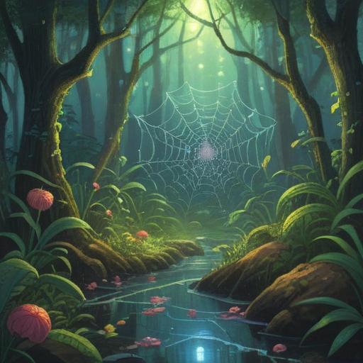 A captivating illustration representing the spiritual meaning of spiders, intricate web patterns glistening in morning dew, a serene forest setting, soft light filtering through the trees, a wise-looking spider gracefully weaving its web, symbolic elements of transformation and creativity, harmony of nature, ethereal atmosphere, 4k