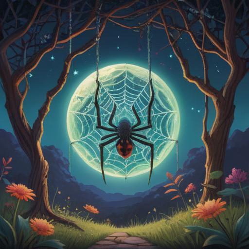 A whimsical and mystical illustration of a spider weaving a shimmering web under a full moon, symbolic signs of love and reconciliation embedded in the web, ethereal lights and sparkling stars surrounding the scene, a serene forest backdrop, soft and soothing color palette, spiritual and enchanting atmosphere, detailed textures, 4k