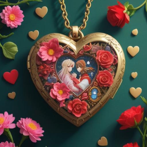 A whimsical illustration of lucky items for rekindling romance, a charming heart-shaped locket, vibrant red and pink flowers, glowing candles, a soft-focus background of a cozy café setting, warm and inviting atmosphere, romantic details, 4k