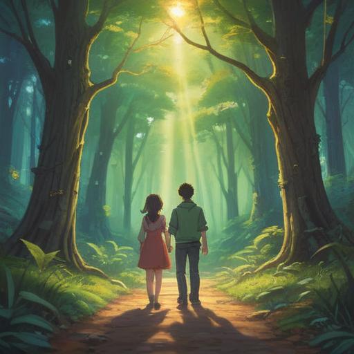 A serene illustration of a couple standing at a crossroads, sunlight filtering through trees, gentle expressions filled with hope, holding hands with determination, pastel colors, a path leading to new beginnings, symbolic imagery of hearts and new opportunities, 4k