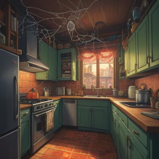 A spiritual interpretation of a spider appearing in the kitchen, symbolic representation of transformation and creativity, spider weaving a delicate web in a cozy kitchen filled with warm light, various kitchen utensils and ingredients surrounding, a calming and introspective atmosphere, nature-inspired elements integrated into the scene, 4k
