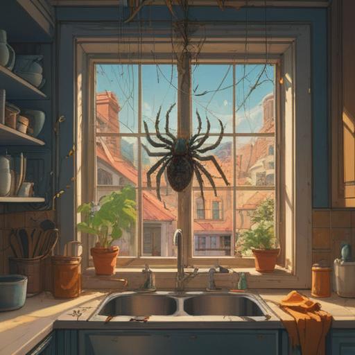 A serene kitchen scene, a spider gently perched on a windowsill, warm sunlight filtering through the window, a sense of spiritual awakening and positivity, fresh herbs on the counter, utensils neatly arranged, calming color palette, a feeling of harmony and balance, evoking good fortune and protection, 4k
