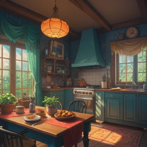A mystical kitchen scene, featuring a spider in the corner, symbolizing transformation, soft light filtering through a window, spiritual energy emanating from the spider, subtle hints of guidance in the atmosphere, calm ambiance, rich details in the kitchen decor, embracing nature's connections, 4k