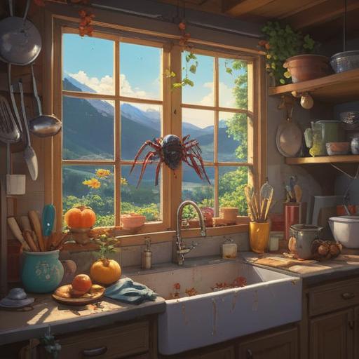 A cozy kitchen scene, a small spider perched on a countertop, surrounded by colorful kitchen utensils, sunlight streaming through the window, a hint of green plants in the background, symbolic lucky items like a four-leaf clover and an old coin nearby, warm and inviting atmosphere, rich details, high resolution
