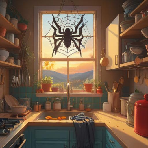 A spider appearing in a cozy kitchen, surprise on the person's face, warm sunlight filtering through the window, kitchen utensils scattered around, a mix of curiosity and fear in the air, detailed textures of the spider's body, vibrant colors, realistic reflections on the countertop, expressive emotions, 4k