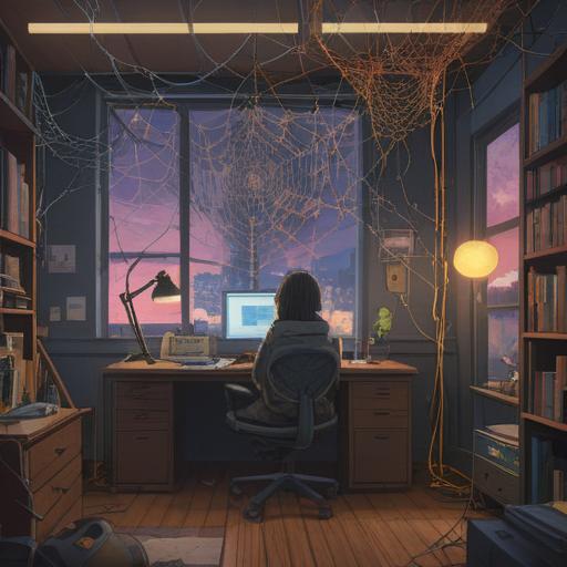A surreal and whimsical scene depicting a spider weaving its web in a modern office environment, intricate web patterns reflecting the light from computer screens, employees interacting with the spider positively, a fusion of nature and corporate life, warm and inviting colors, soft lighting, representing the spiritual connection between humans and nature, detailed office background, 4k