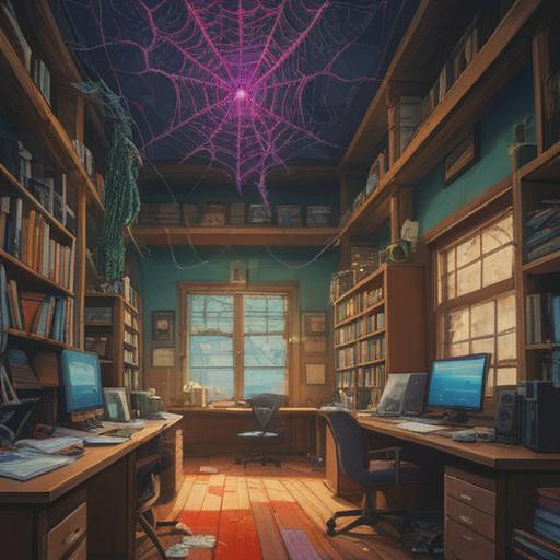 A spiritual representation of a workplace scene, featuring a beautiful spider spinning its web, surrounded by positive energy, soft light illuminating the area, colleagues interacting harmoniously, symbols of good luck and prosperity subtly incorporated, a calm and encouraging atmosphere, nature elements suggesting abundance, 4k