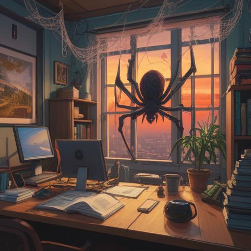 A mystical scene depicting a spider in an office environment, spiritual symbolism, subtle lighting, the spider weaving a web that represents interconnectedness, an aura of intrigue, office items scattered around, a sense of awareness and caution, nature merging with modern life, atmospheric details, 4k